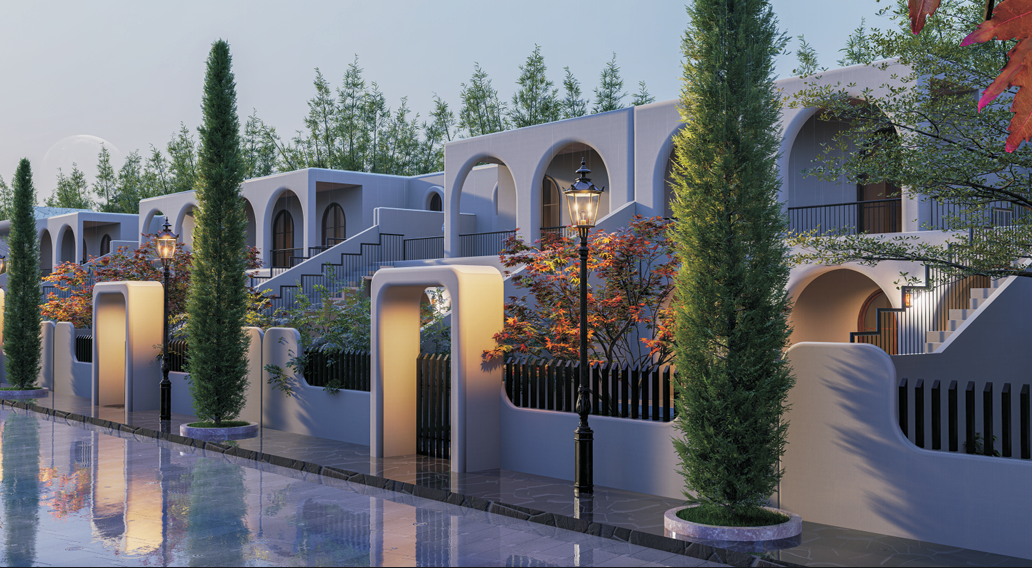KK Nature Valley luxury villa at dusk with private pool